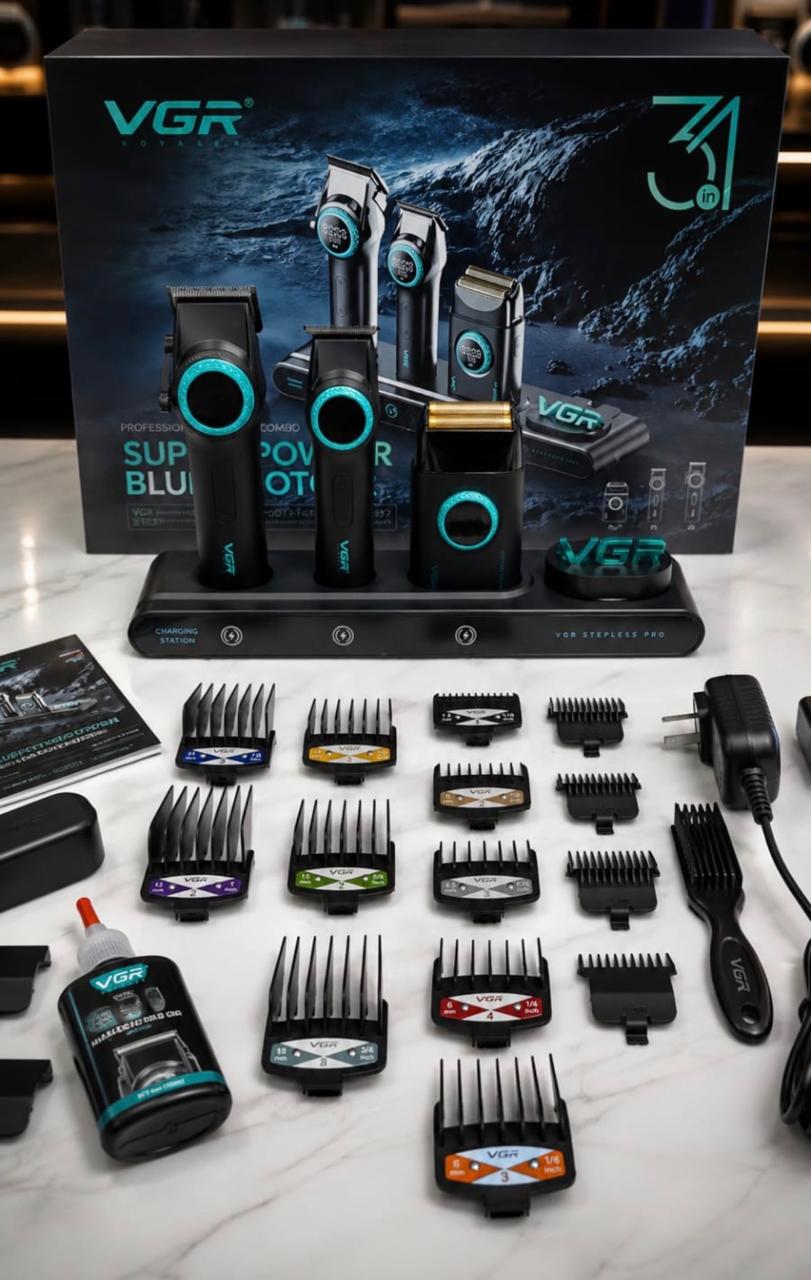 Kit Máquina De Cortar Pelo Afeitadora Barbería Vgr 3en1 Luz Negro